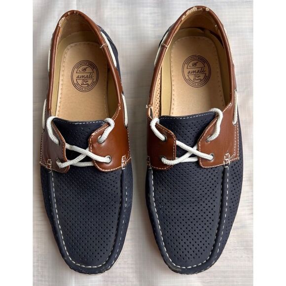 Amali Men’s Driving Moccasin Perforated Navy Brown Cushioned Foot Loafers Sz 10 - Picture 3 of 12